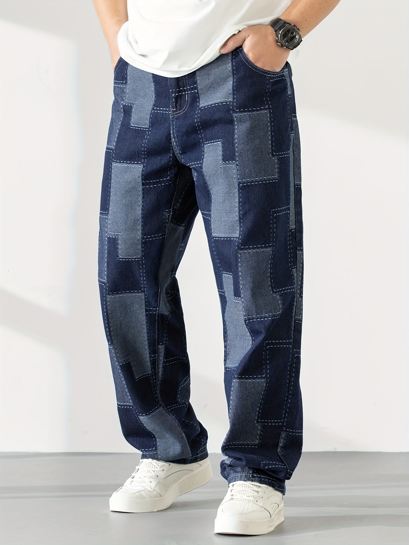 Men's Casual Checkered Straight-Leg Denim Pants - Loose Fit, Blend, Geometric Pattern, All-Season Wear, PLUS SIZE