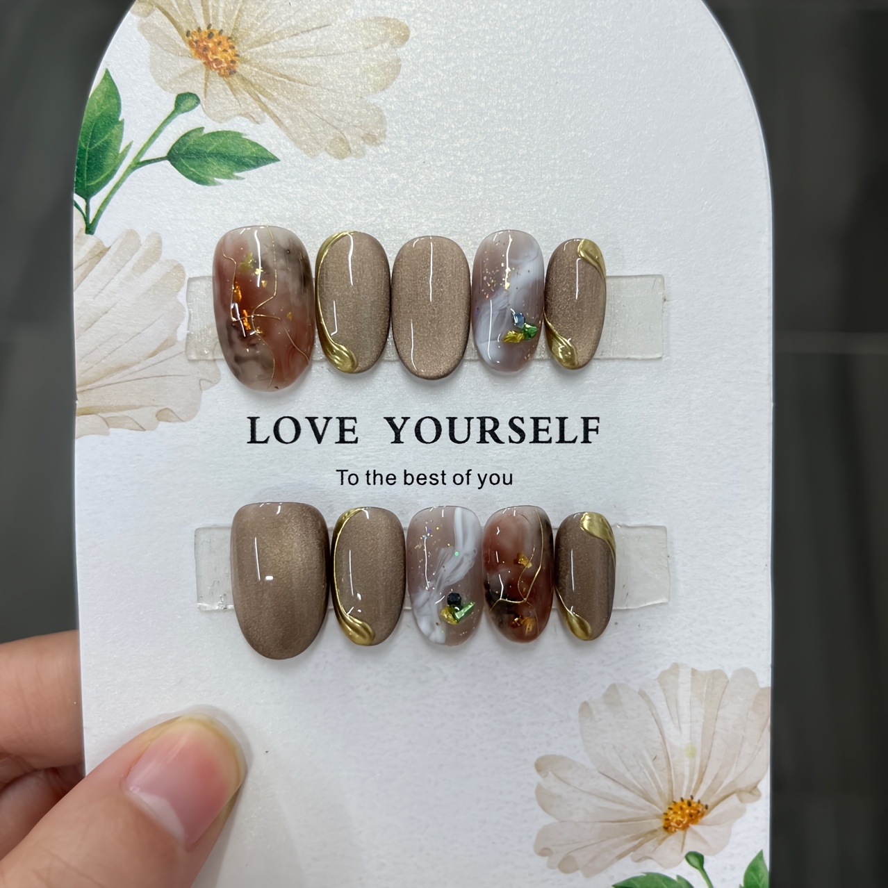 

10pcs Chic Oval Press-on Nails Set, Short Length, Brown Tones With Cat Eye Aura, Handmade Acrylic Fake Nail Tips With Pearl