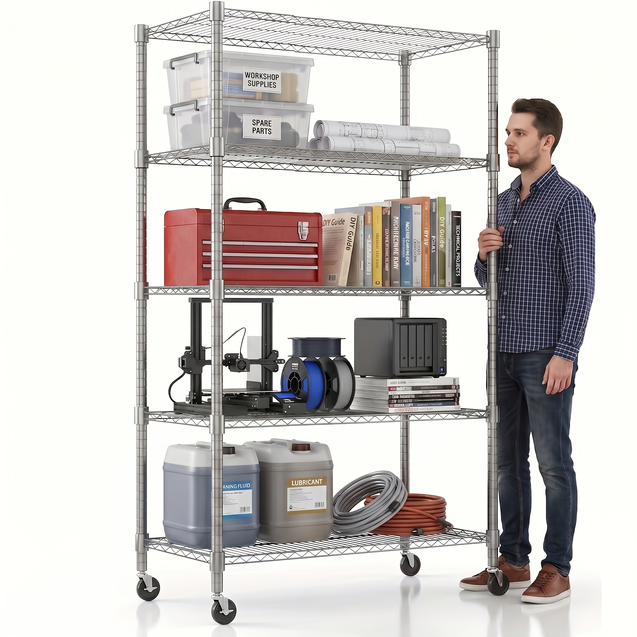 TEMU 5-tier Heavy-duty Golden Metal Shelving Unit With Rollers And Leveling Feet, Adjustable Height, Standing Storage Rack, 91 X 45 X 208cm, Load