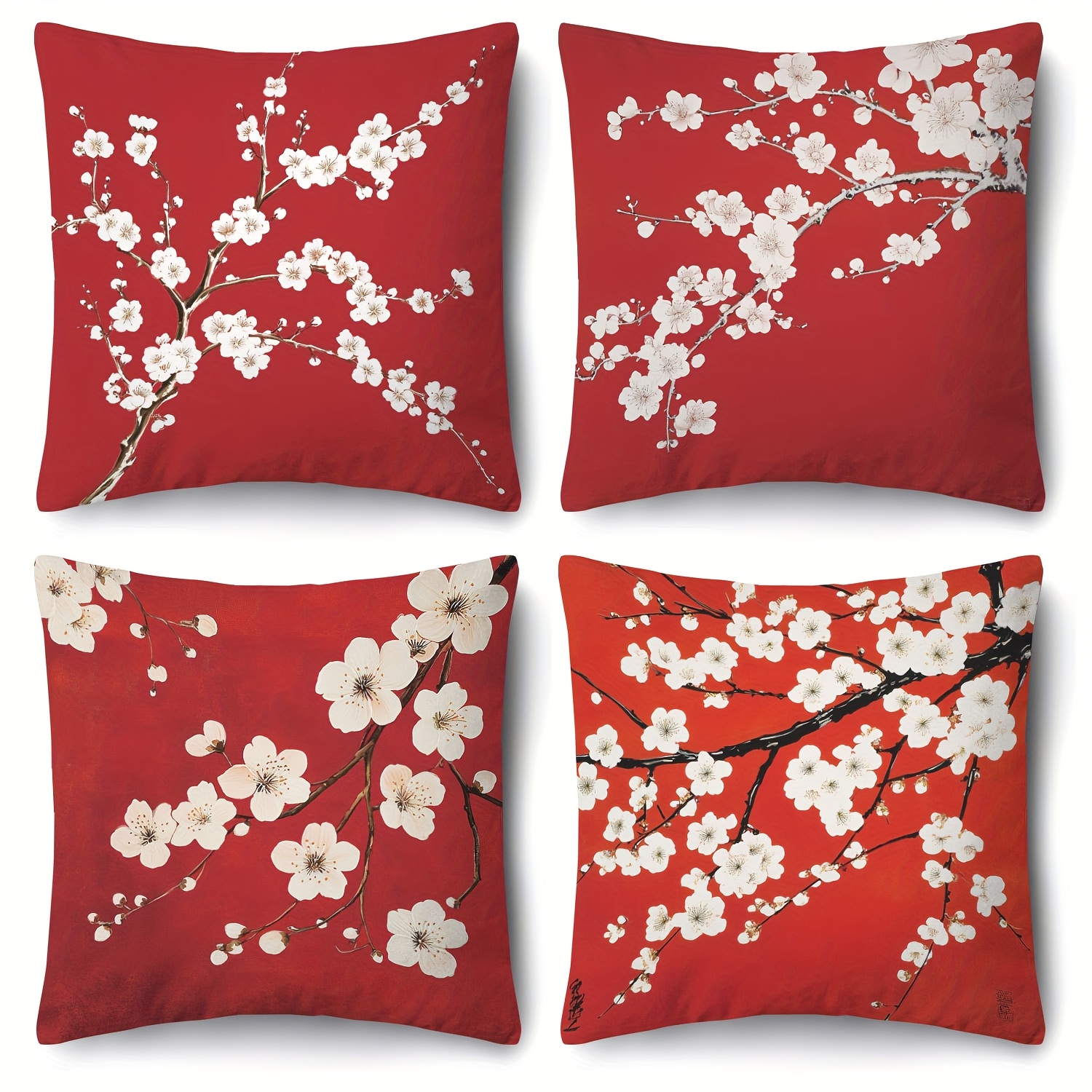 TEMU 4pcs Pillowcase Set, Featuring A Traditional Oriental Elegant Style With White Branches On A Red Background. Made Of Polyester, Includes Zipper
