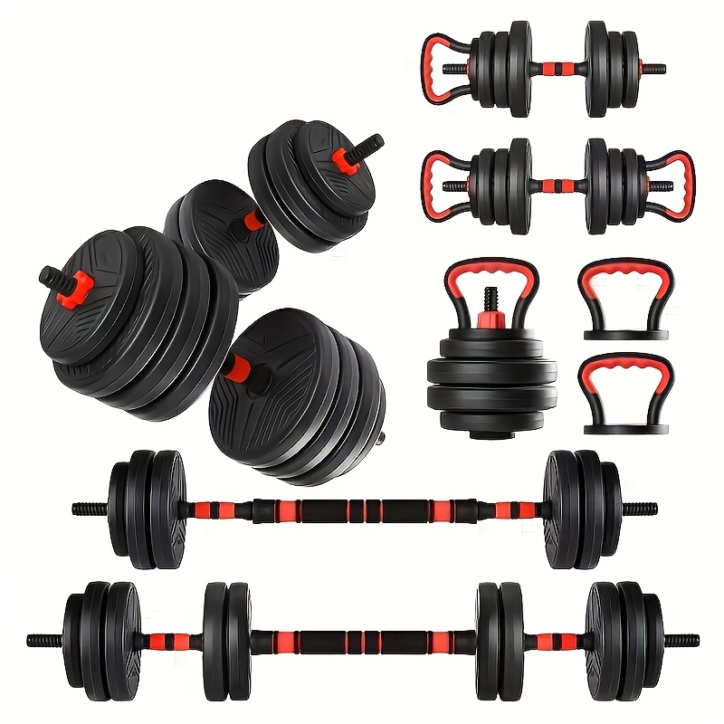 Ensemble D'haltères Réglables 4-en-1 – 29,9 Kg – Fonte – Poignée Moletée – Connecteur Pour Barre – Push-up, Kettlebell – Fitness Maison