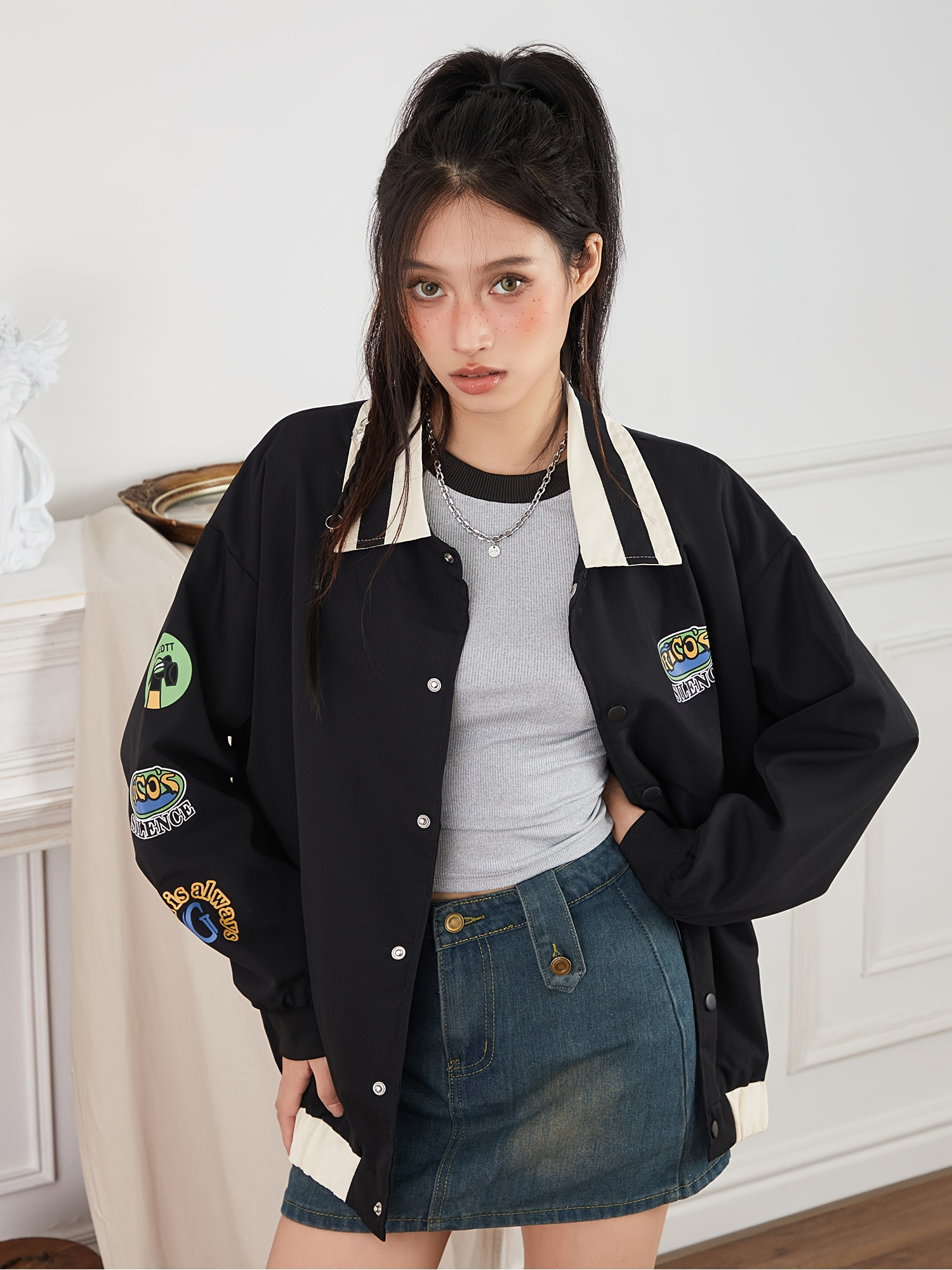 women's vintage-inspired baseball jacket black with embroidery