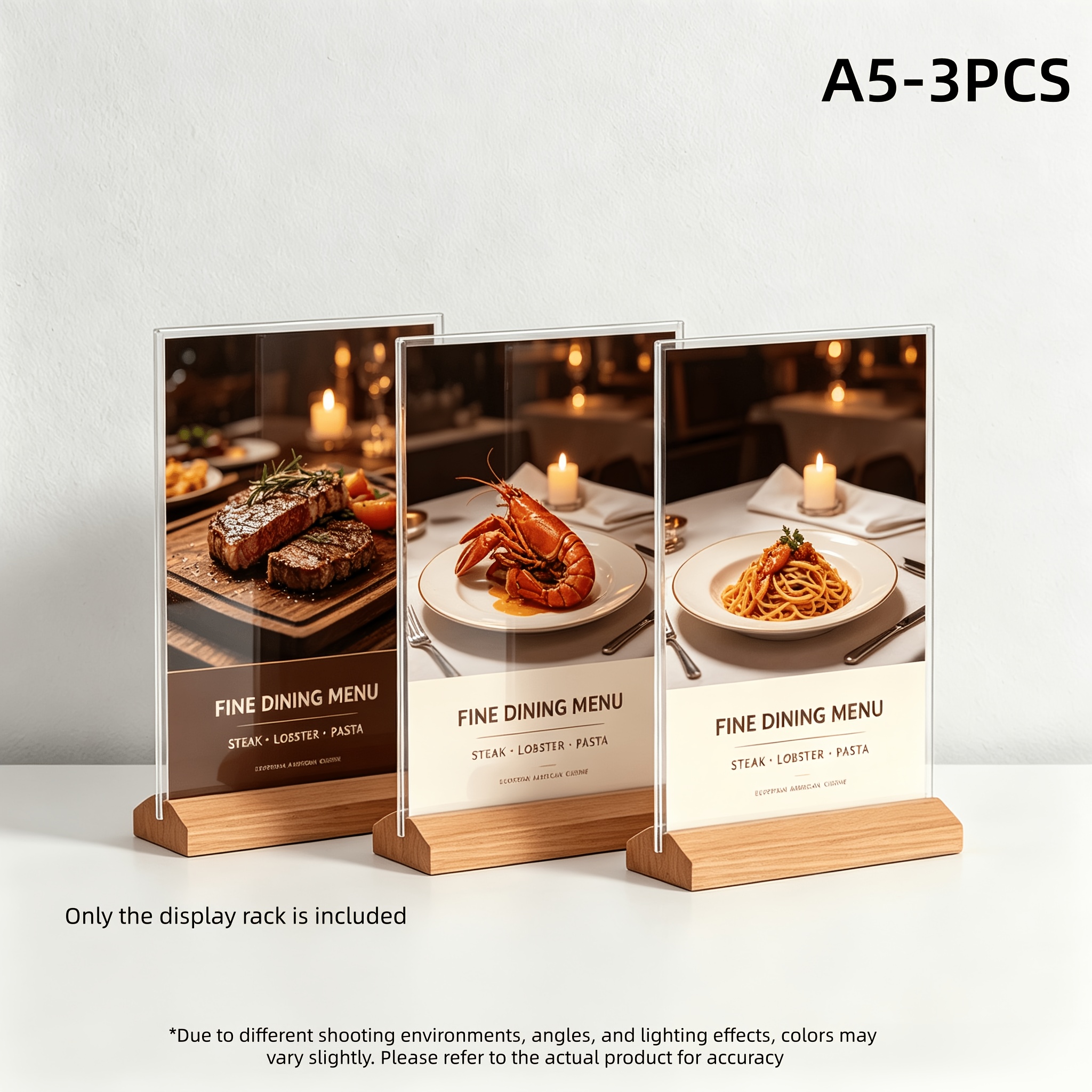 TEMU Juego de 3 letreros de exhibición de escritorio A4/A5/A6 con base de madera, tarjetas de mesa de para restaurantes y cafeterías, tableros de