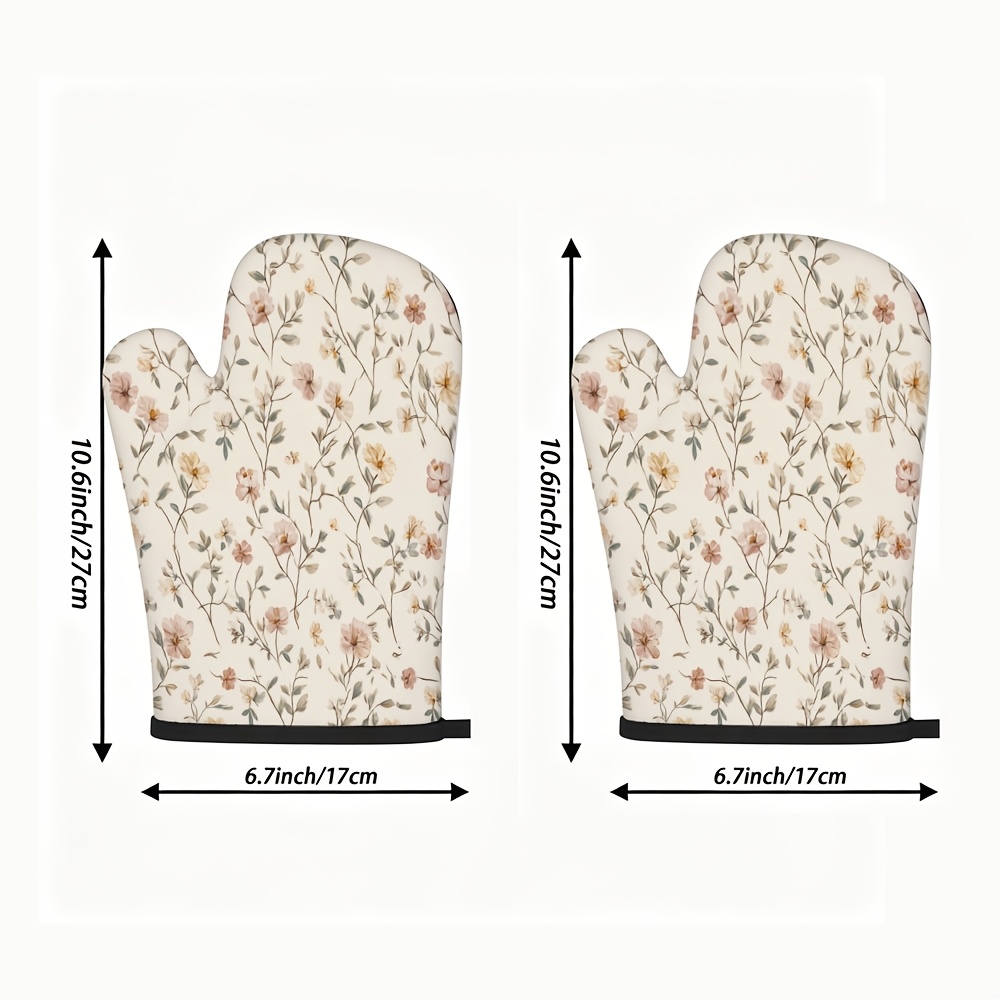 TEMU A Set Of 2 Oven Mitts, Featuring Floral Pattern With Pink And Yellow Small Flowers And Green Vines On A Cream Base, Trimmed With Black Piping.