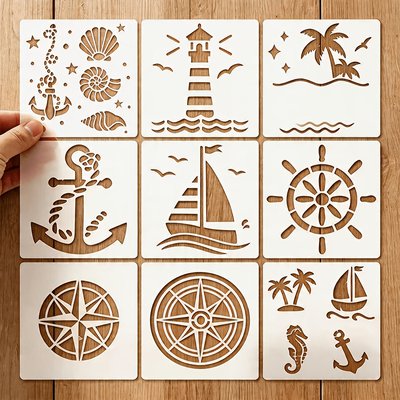 9pcs Nautical Stencils Suitable For & Crafts - Sea Templates With Compass, Ship Wheel, Anchor, Sailboat,, Seashell & Palm Tree Designs For Activities, Coloring, Beach-themed
