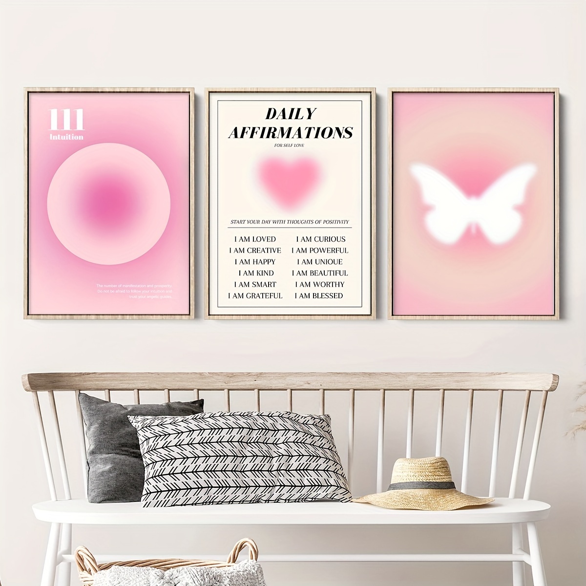 

3pcs/set Framed Canvas Poster Set - Stunning Modern Art Affirmation Paintings With Pink Violet Aura Design - Perfect Gift For Bedroom Living Room Corridor Wall Art Decor Winter Decor Room Decoration