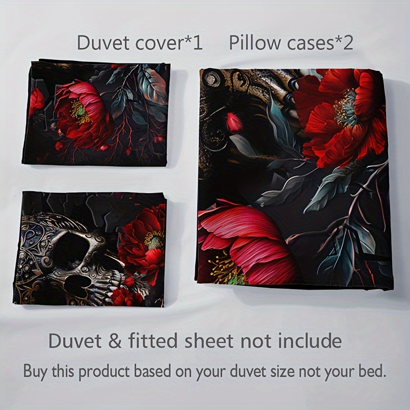 3pcs gothic skull floral duvet cover set 1 duvet cover 2 pillowcase without pillow insert soft breathable hd printing bedding set for home dorm decor for halloween details 8