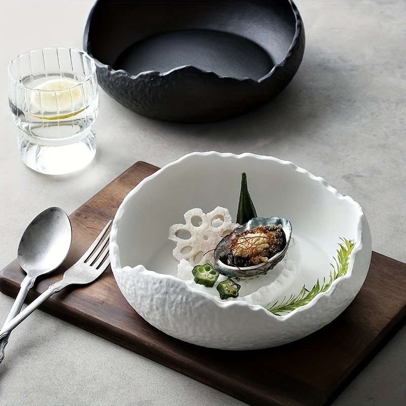 LLZFK Ceramic Sashimi Plate Suitable for Cuisine, Deep Bowl Plate with Polished Round Bowl & Irregular Shape for Sushi, Fruit Salad, Desserts - Microwaveable for or Commercial Use