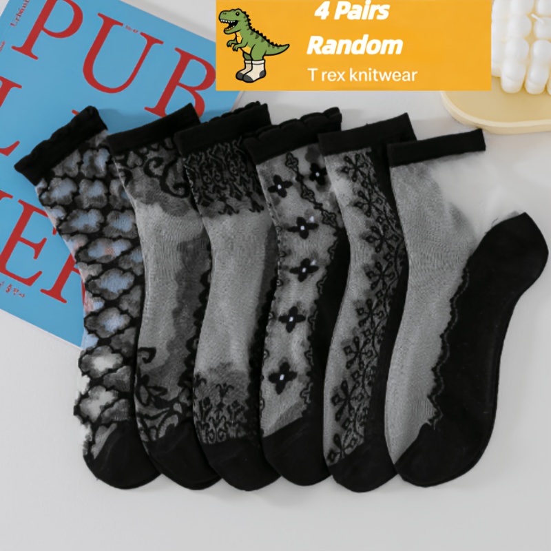 TEMU Random 4-pair Women's Socks, Lace Trim Crystal Mid-calf Fishnet Casual Stockings