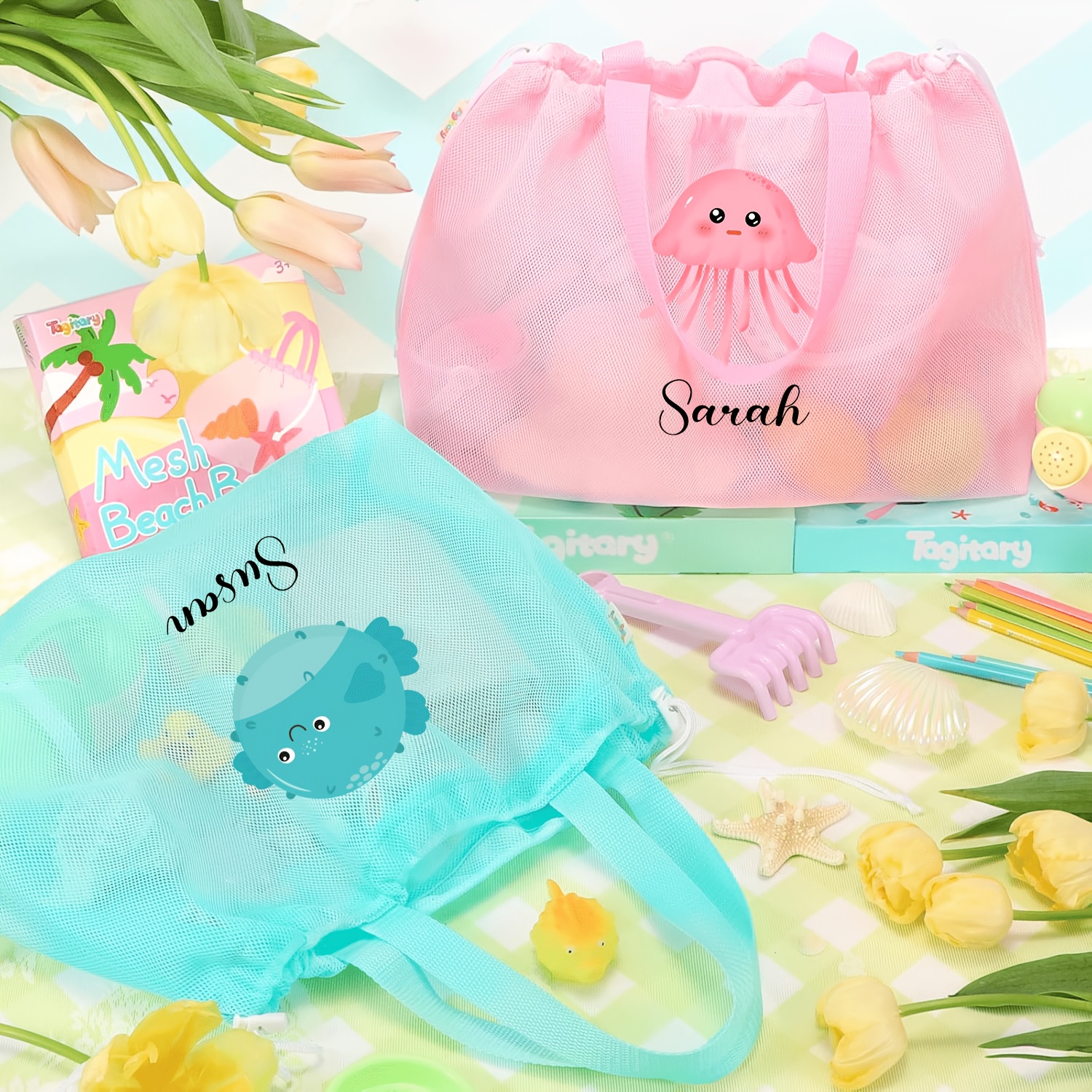 a custom made handheld beach bag with a cute jellyfish seahorse and pufferfish   drawstring open   bag a miscellaneous storage pouch a beach toy storage bag a drawstring expandable bag a seashell storage pouch a handheld beach