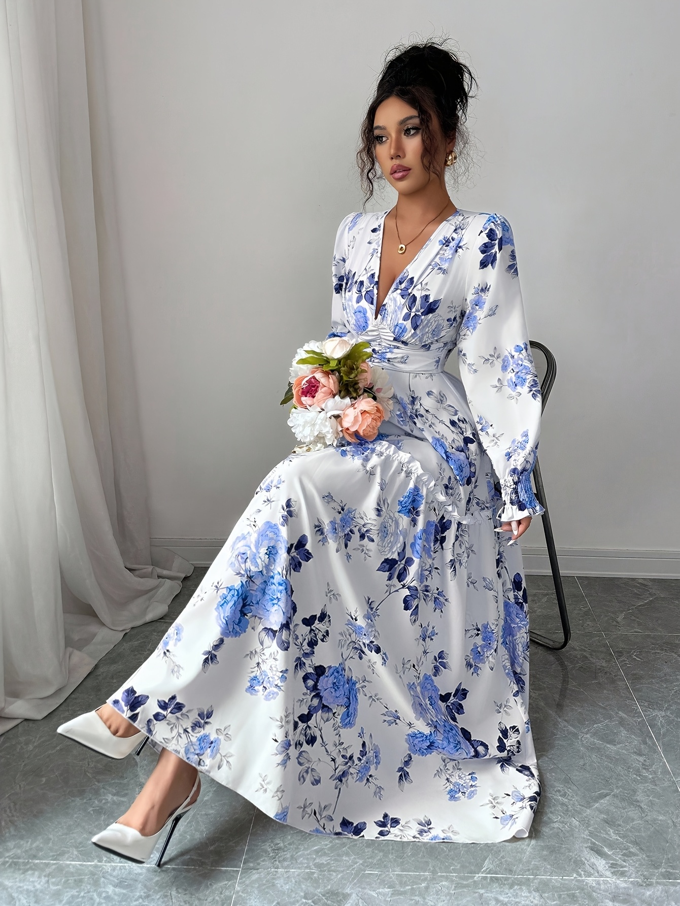 elegant white dress blue floral print deep v neck long - Temu Mauritius