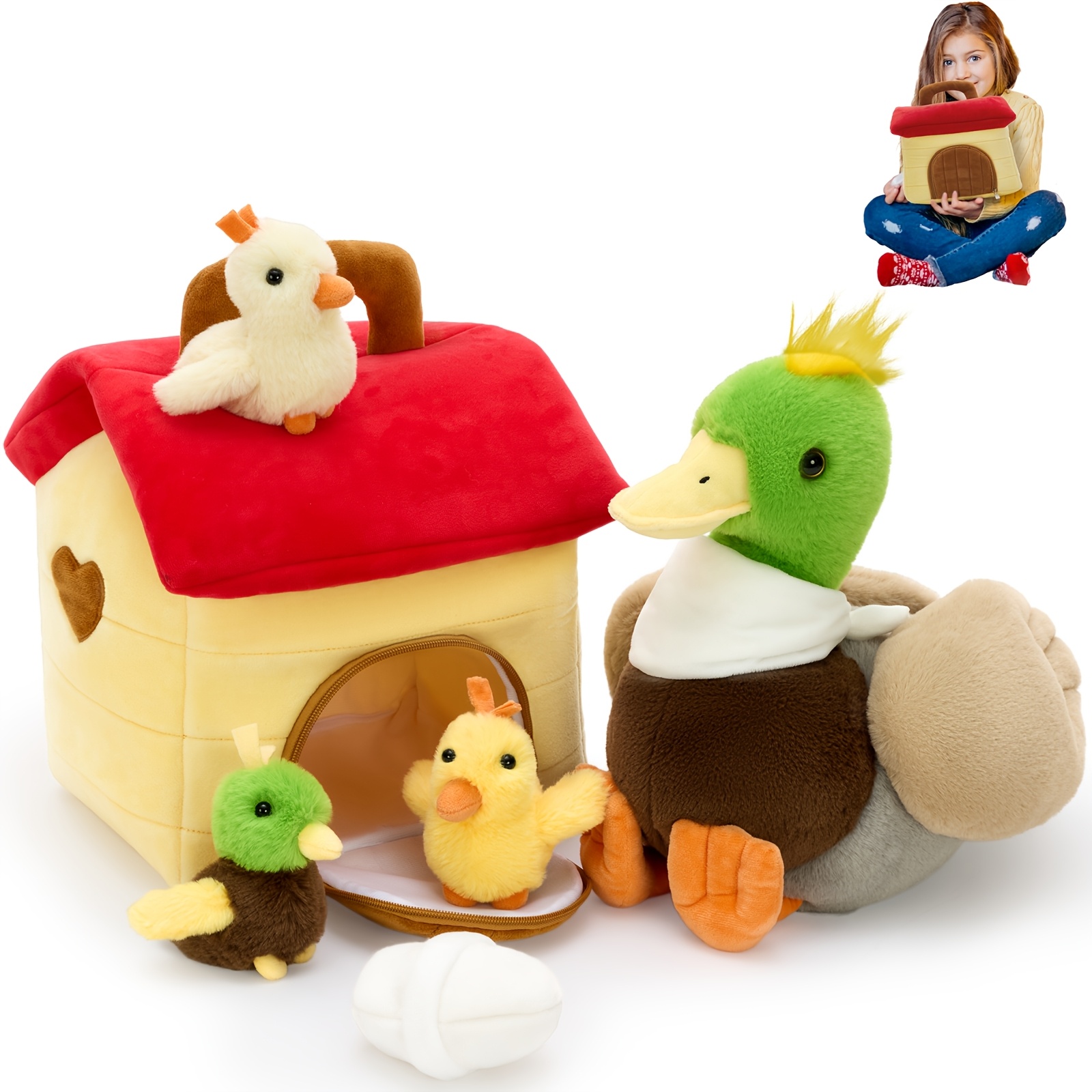 Image of Morismos Large Duck Stuffed Set, 35cm Mother With 3 Cuddle Babies Inside, Soft Toy Vivid Stuffed Animal Plush, Kawaii Gifts For Kids