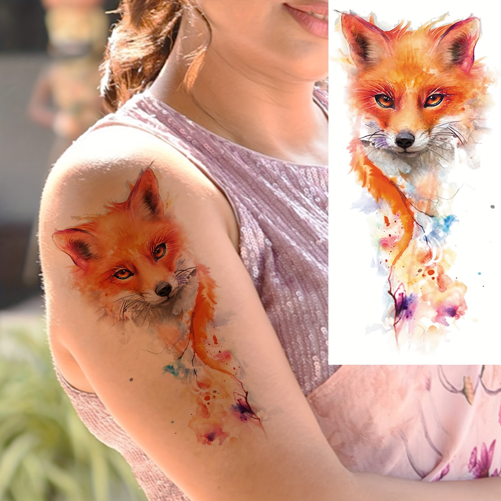 

Watercolor Fox Temporary Tattoo Sticker For Women, 1 Sheet, Adult Arm Leg Waterproof Fake Tattoo, Long-lasting Watercolor Fox Design Body Art Decal, Oblong Shape