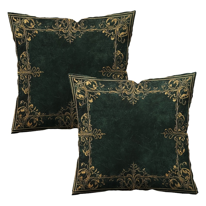 TEMU Lot de 2 housses de coussin en peluche courte vert jade, à motif floral doré - Décoration d'intérieur vintage , fermeture éclair, lavables en