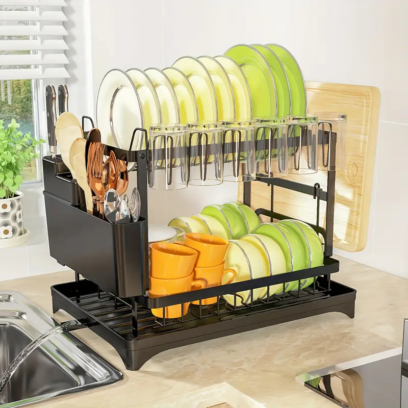 dish drying rack 2 tier dish racks for kitchen counter dish rack with mat dish drainer with knife fork cup rack gifts for women mothers day cool stuff kitchen gadgets Product details 3