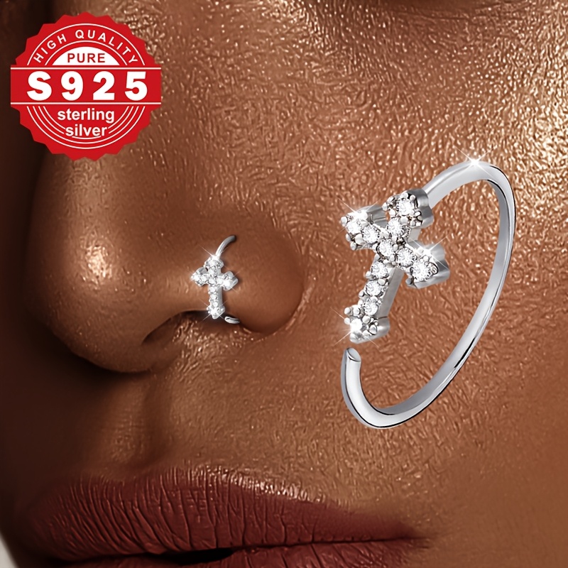 Image of 1pc S925 Sterling Silver Women's Cross Nose Ring, Adjustable Design With Shiny Cubic Zirconia, Vintage, Luxury & Hypoallergenic, Perfect For Daily Wear & Music Festivals, Holiday Gift|vacation Gift