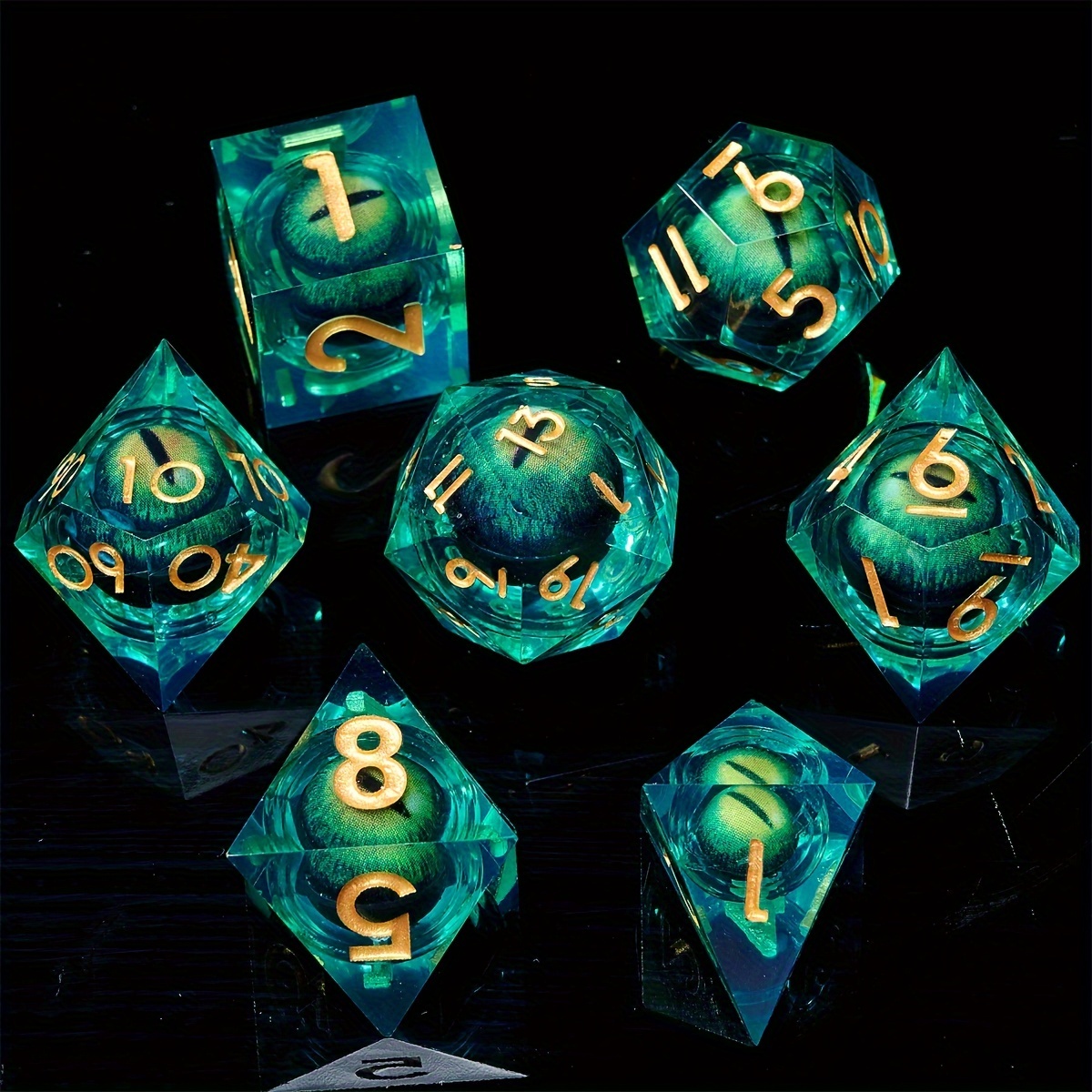 

7pcs Movable Green Dice Set, Polyhedral Dices For Desktop Game Role Playing Game