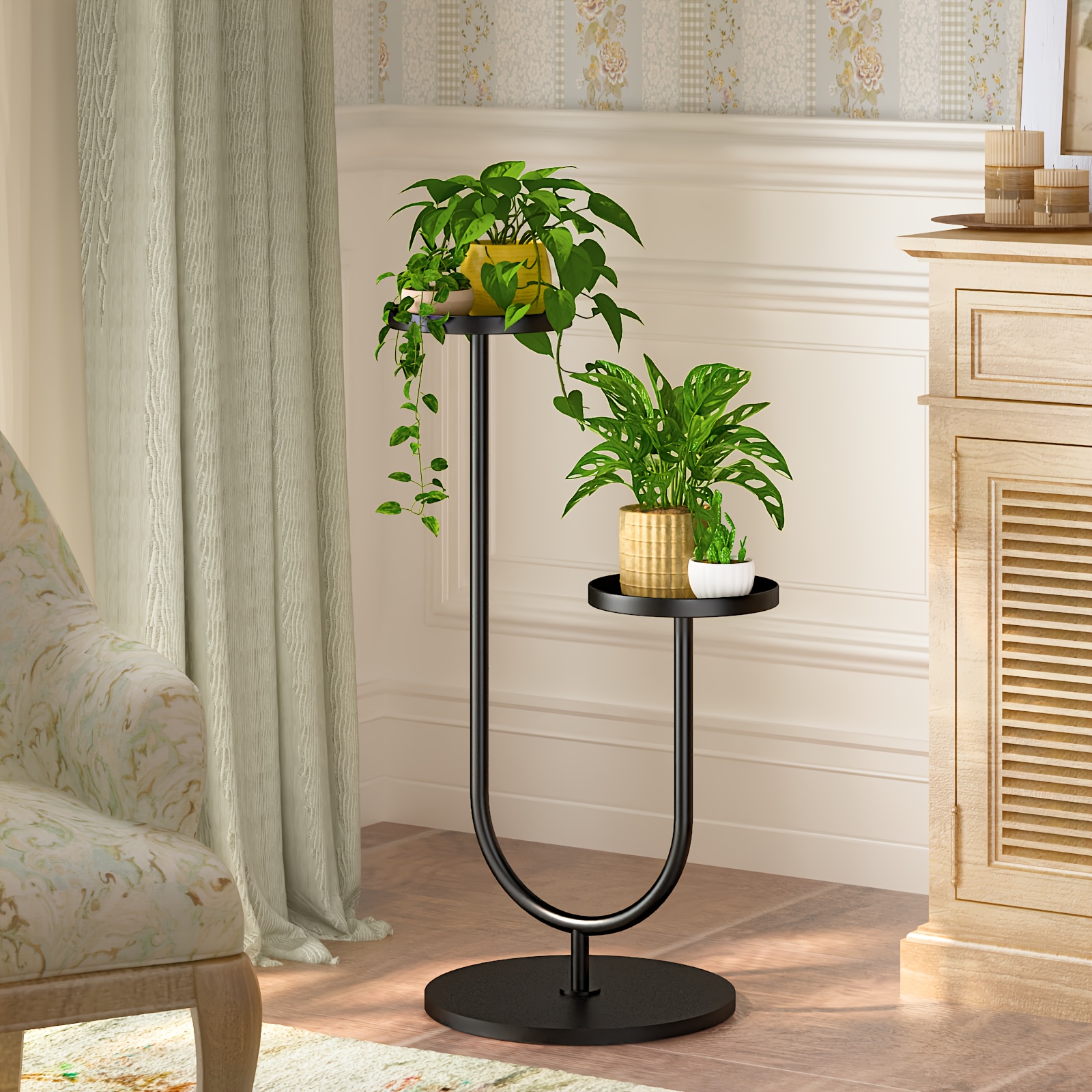 TEMU Bf Metal Plant Stand, 2 Tier Plant Flower Pots Gardener Rack Ladder Shelf For Home Office Garden Patio Balcony Decor, , Black