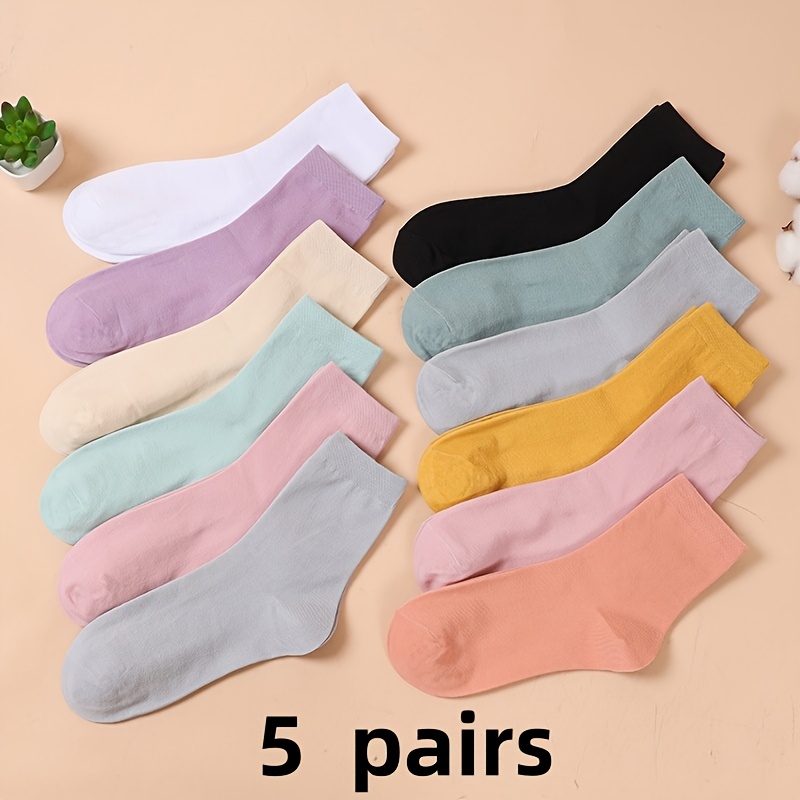 Image of 5-pair Women's Socks, Spring/summer/autumn/winter Style, Mid-calf Japanese-style Solid Color Socks With Elastic Cuffs, Random Colors
