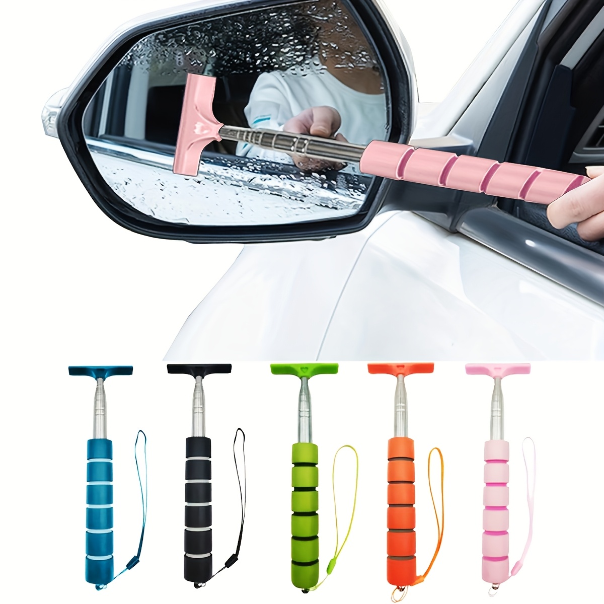 

Extendable Car Rearview Mirror Wiper - Stainless Steel, Portable Auto Glass Cleaning Tool With Telescopic Handle