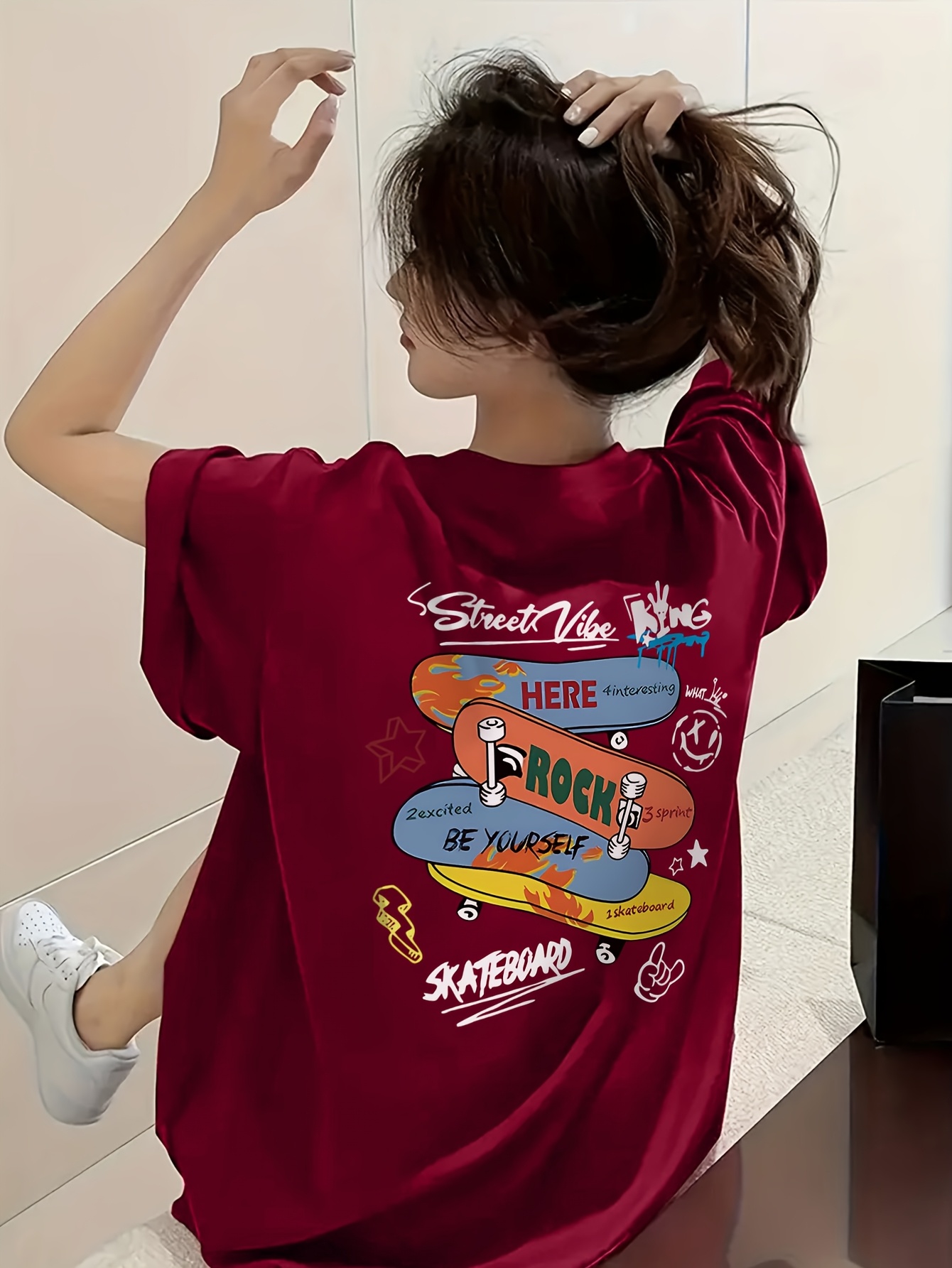 womens summer casual skateboard graphic print t shirt loose fit longline top with cartoon design light yellow round neck short sleeve tee for streetwear everyday outfits outfit addition durable fabric relaxed fit   print shirt women Product details 0