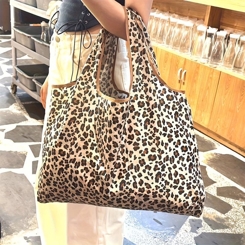 leopard print reusable shopping tote bag polyester leak proof square design with padded straps reinforced bottom for grocery   use details 8