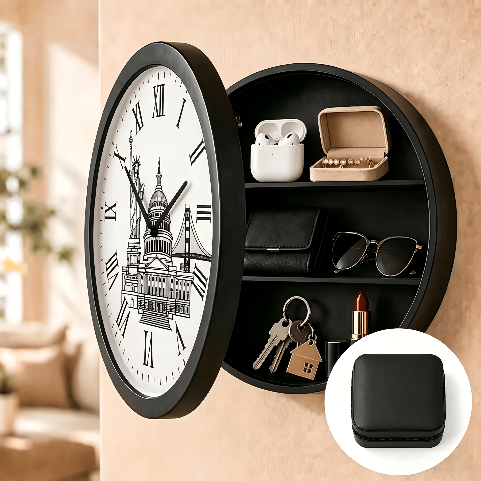 TEMU Round Wall Clock With Hidden Storage Compartment, Includes 2 Jewelry Box, Silent Decorative Organizer For Bedroom, Living Room And Office