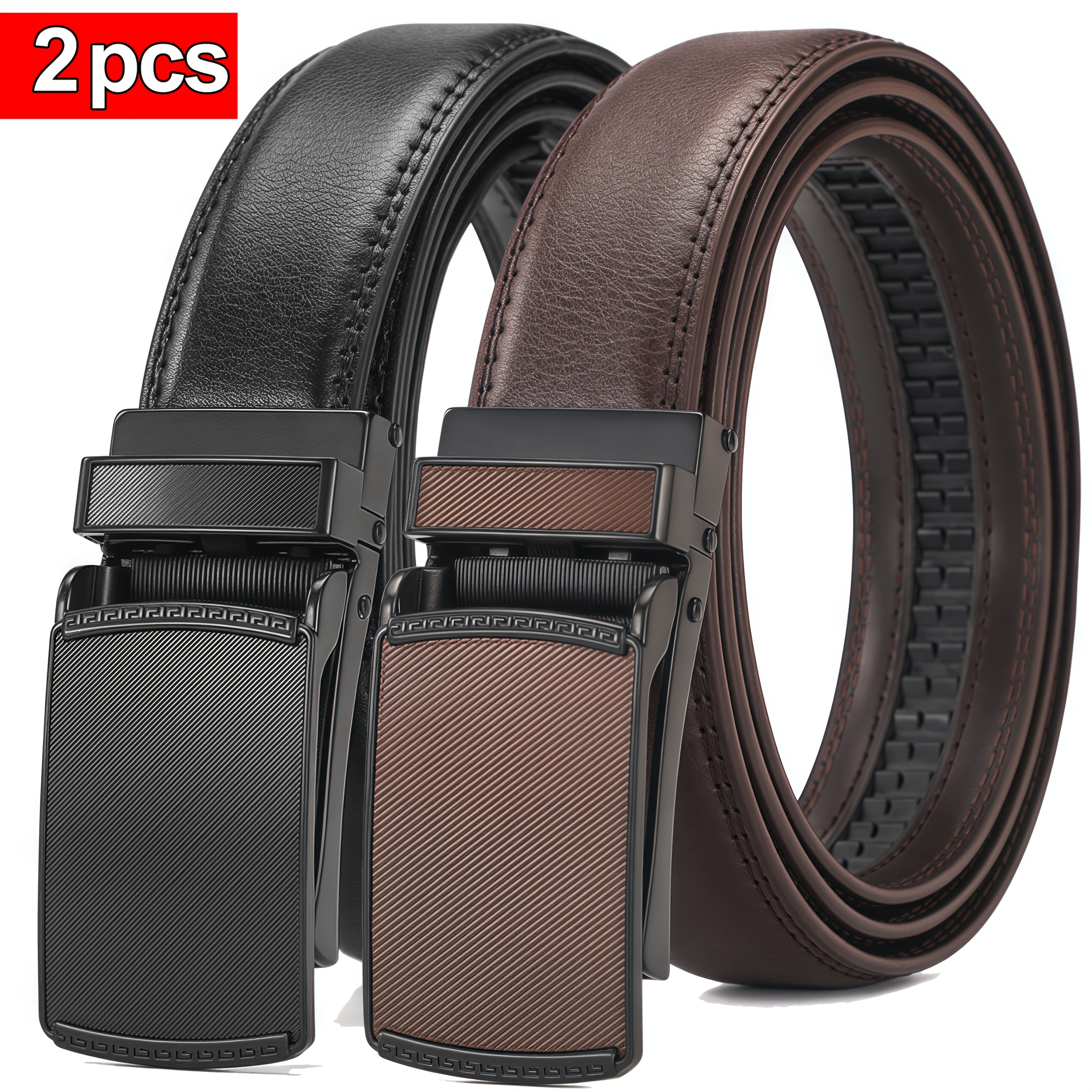 TEMU 2pcs Men's Genuine Leather Belt Flip Board Convenient Automatic Belt Business Casual Golf Ratchet Belt Christmas Gift Width 1.2 Inch