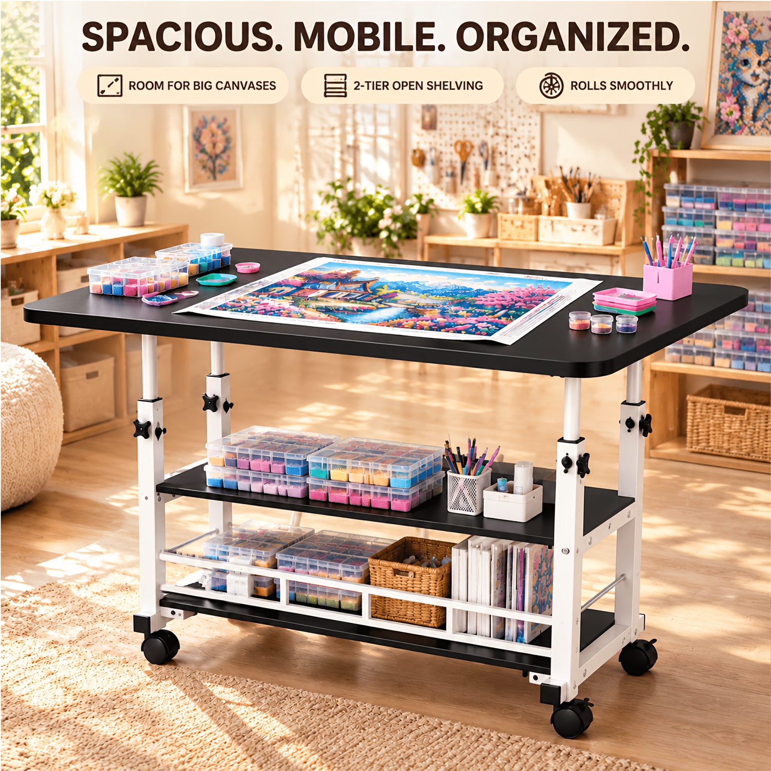 TEMU Rolling Craft Table With Storage, Height Adjustable Hobby Workstation On Wheels, Large Crafting Desk Organizer For Painting, Beading, Jewelry