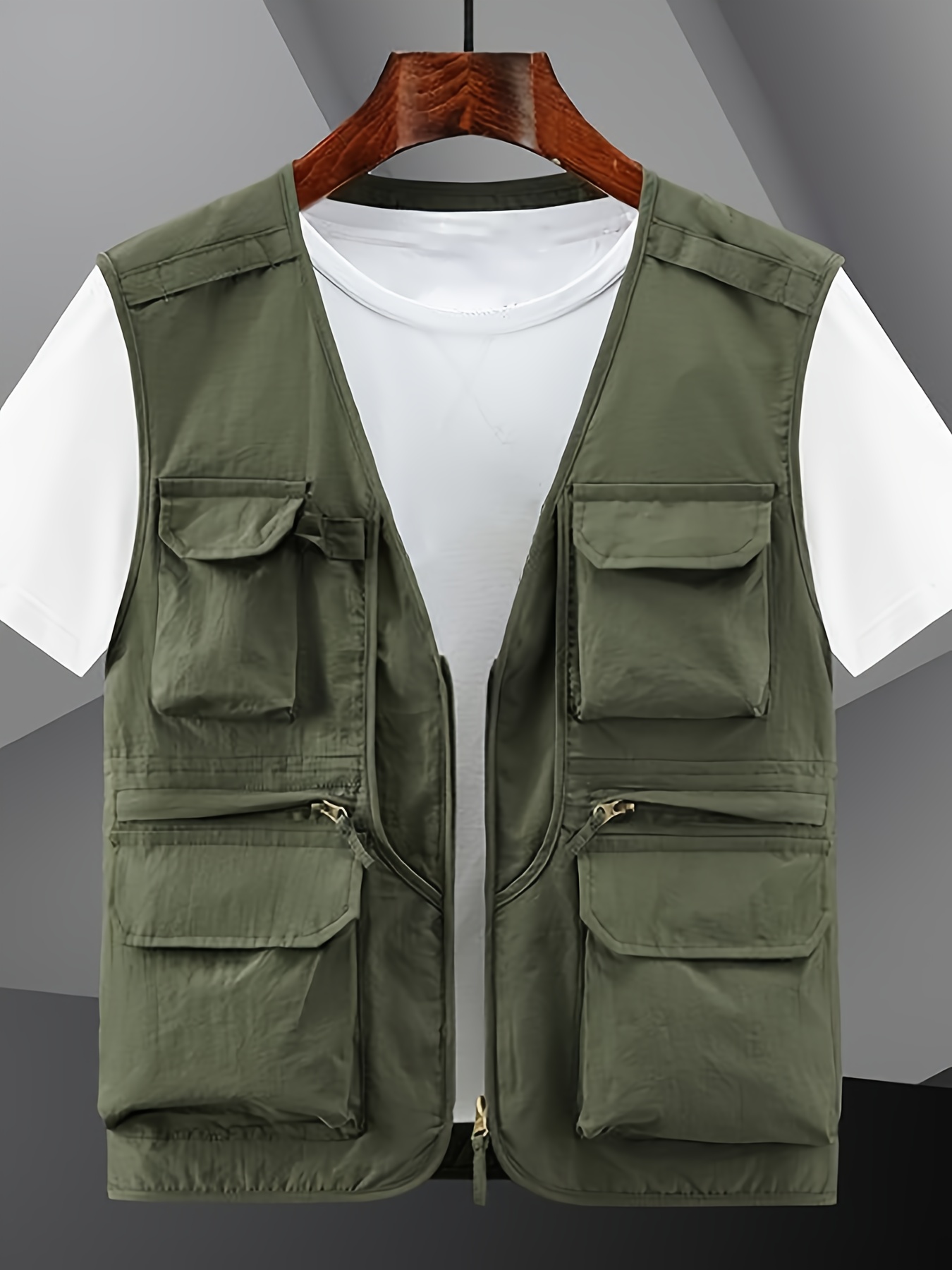 *'S Casual Utility Vest, Polyester Multi-Pocket Sleeveless Jacket,  Non-Stretch Solid Color, with Zipper, for Hiking, Daily Use, and Outdoor