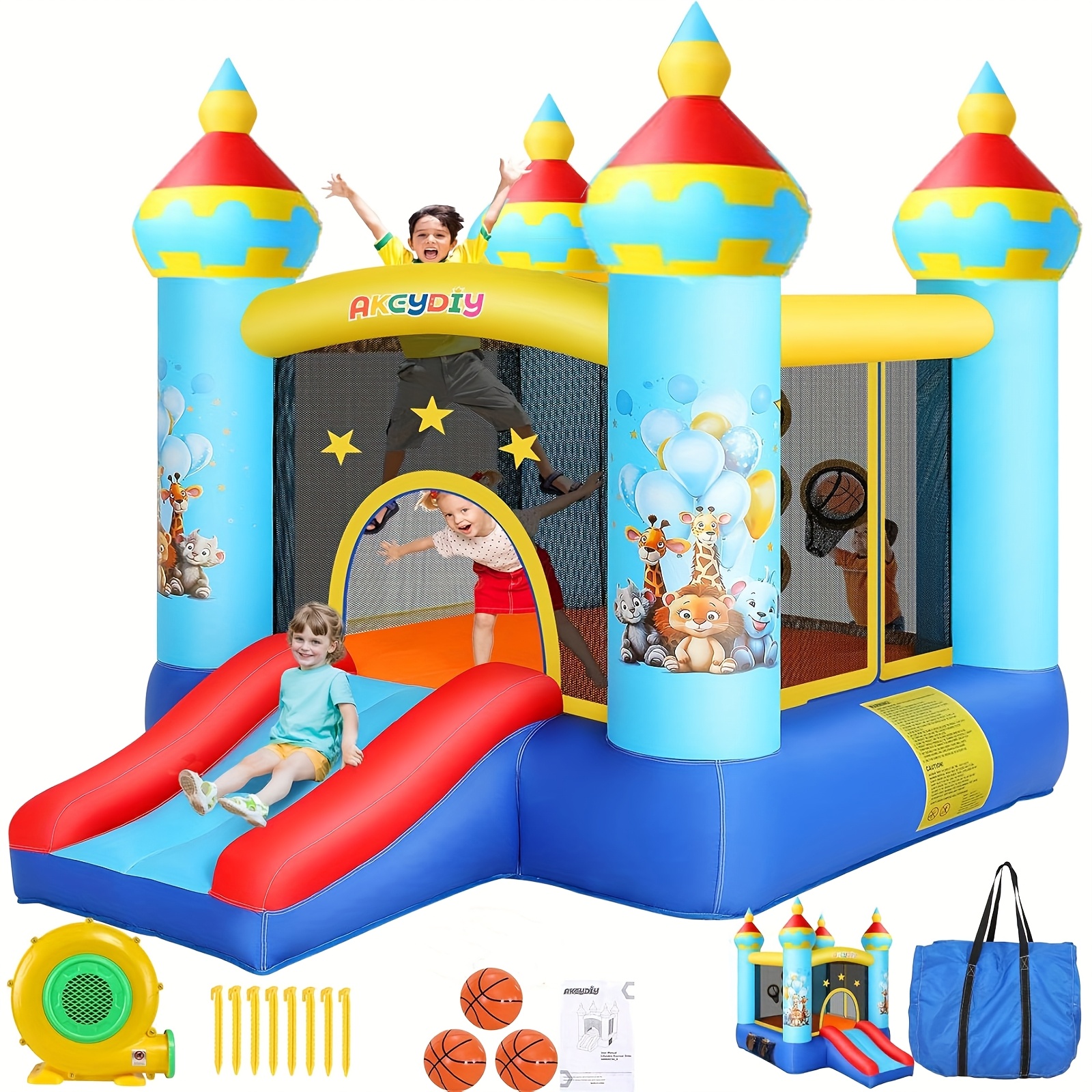 Inflatable Bounce House, Cute Small Bounce House With Short Slide/blower/basketball Hoop, 840+420d High-density Oxford Fabric, With Ground Stakes And Storage Bag, For Indoor And Outdoor