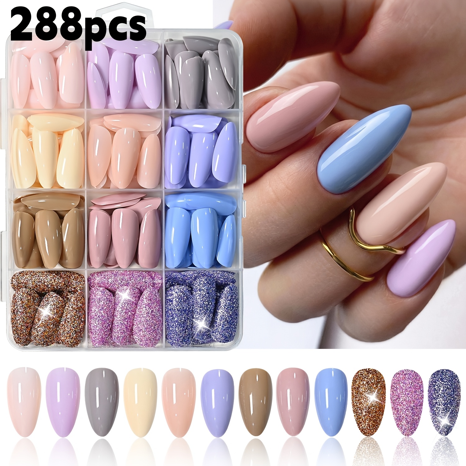 TEMU 288pcs/Boîte Faux Ongles Moyens, Nude Pastel Solide & Ongles à Presser Pailletés, Couverture Complète Brillante Réutilisables Fournitures de