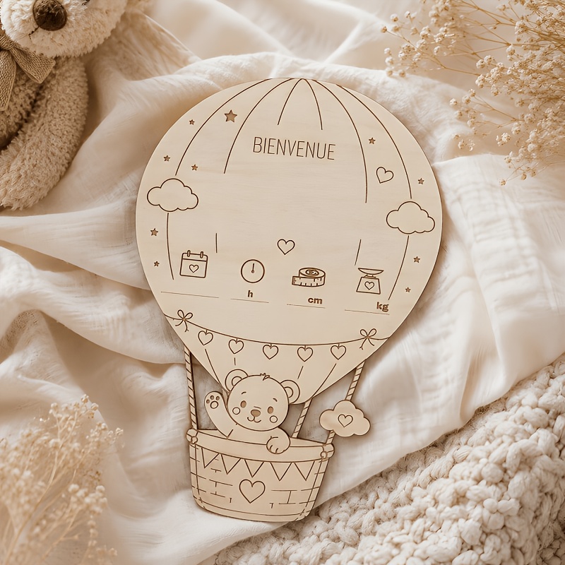 TEMU Panneau en bois avec informations de , ballon de montgolfière en peluche , peut enregistrer le nom, la taille, le poids, cadeau de , cadeau de