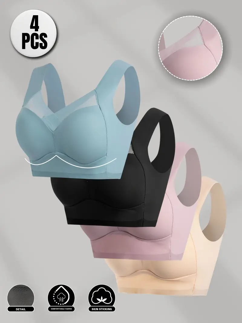 4pcs seamless wireless bras for women breathable mesh no underwire full coverage elegant solid colors black beige blue turquoise comfortable everyday wear nylon elastic Product details 1