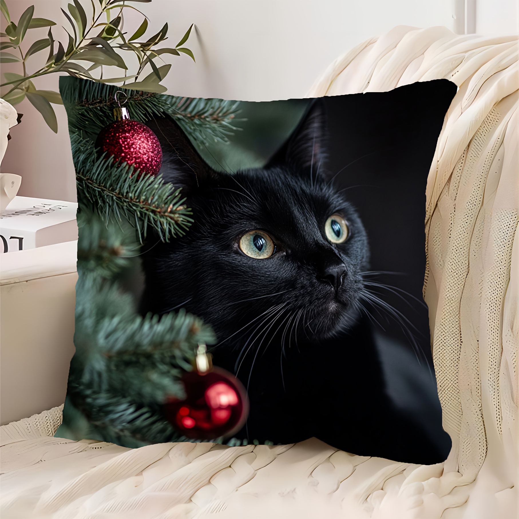 TEMU 1pc Of Black Cat Pillow Cover With Zipper Closure, Single-sided Print, 18x18 Inches, Short Plush Cushion Cover, Machine Washable, Made Of