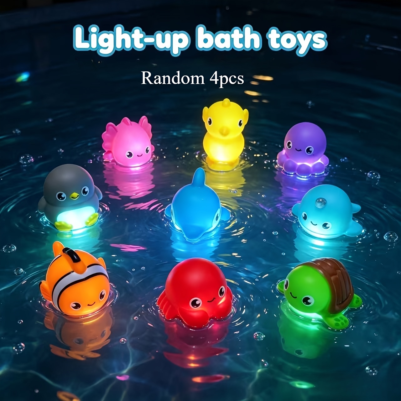 Image of 2/4/6/8pcs No Hole Bath Toys, Fishing Light Up Sea Animals Set, Glitter Colorful Bathtub Toys, Bathtub Floating Water Toys, Great Gifts For Bathroom Water Tub Games Pool Party Random Colors