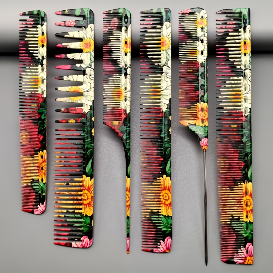 TEMU Set de 6 cepillos para peluquería, 3 piezas con estilos de patrones florales, peine en , peine para cortar pelo, material duradero resistente a