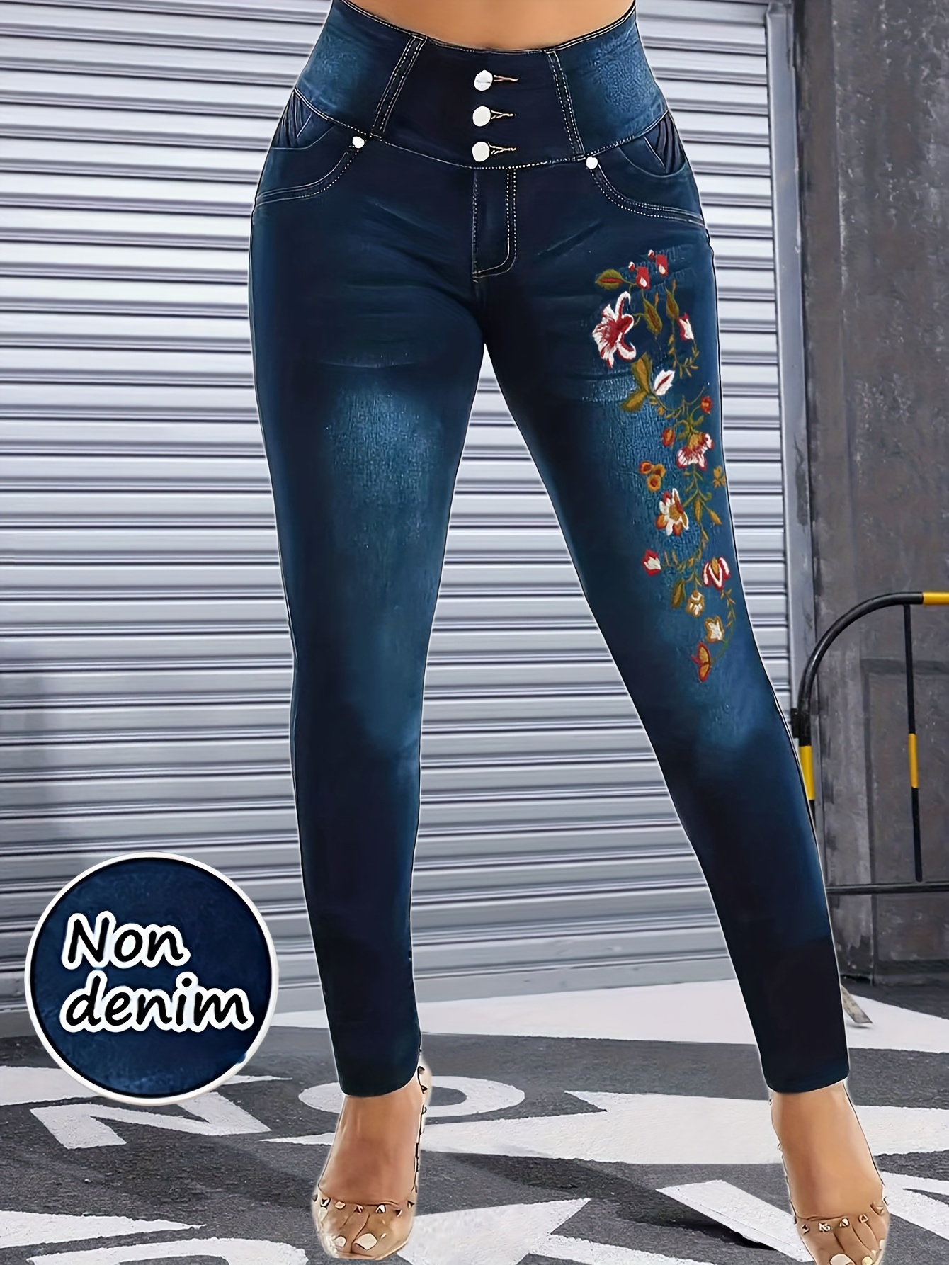 [Denim Print/Imitation Denim] Women's Stretch Denim-Like Leggings - Slim-Fit High-Waisted Pants with Blue Wash & White Fringe-Like Print (No Buttons/Zippers), All-Season Machine Washable Trousers for Jeans or Dress Wear, Comfortable Tight Clothing