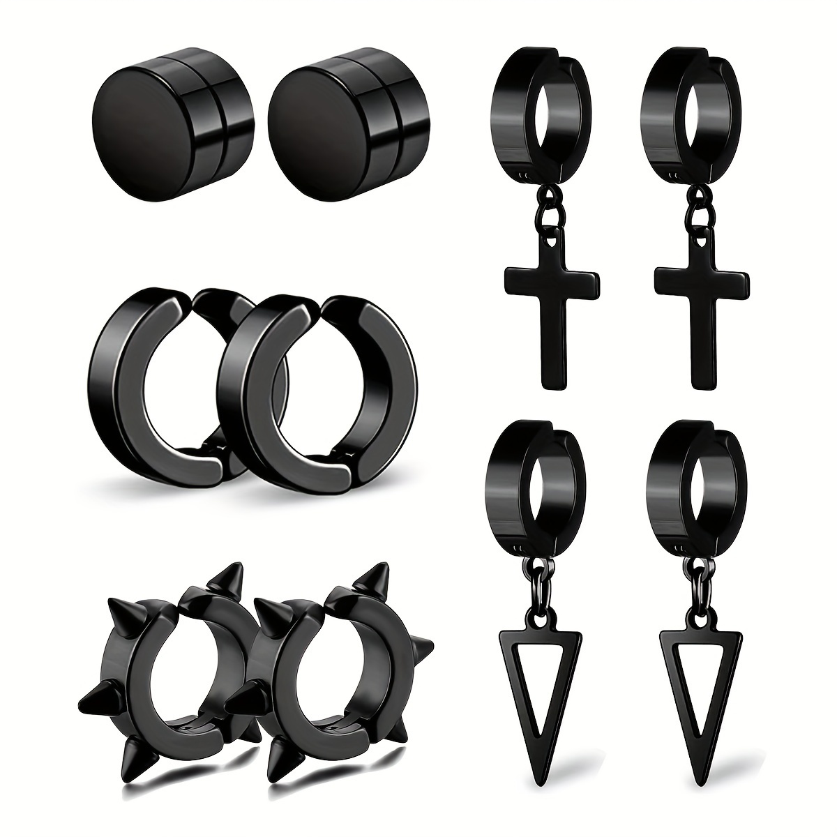 Image of 10pcs Of Punk Style Black Stainless Steel Pendant Ear Clip, Coil Ear Clip Set, Suitable For Men And Women Without Ear Holes, Suitable For Any , As A Gift