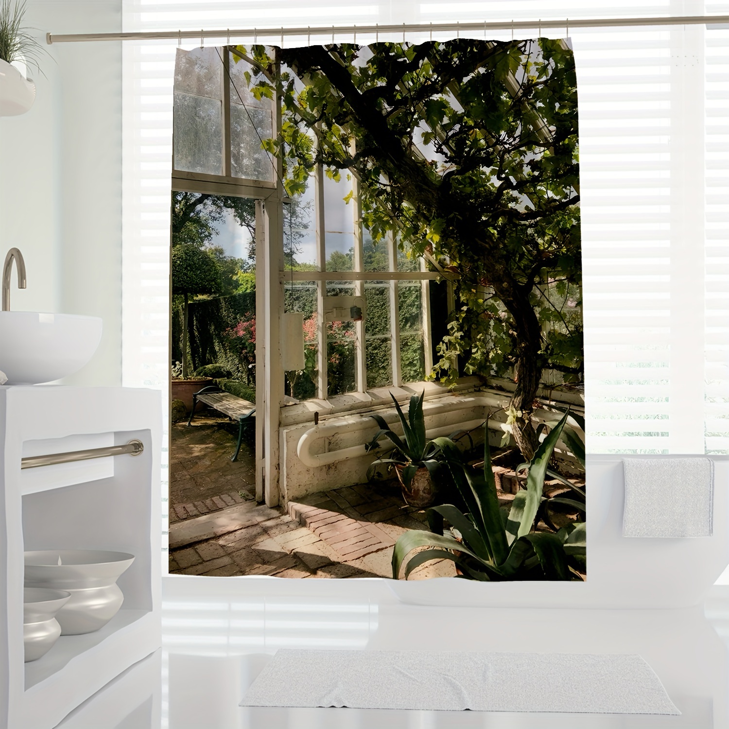 

1pc Modern Plant Greenhouse Design Shower Curtain - Waterproof, Machine Washable With Hooks Included - All Bathroom Decor