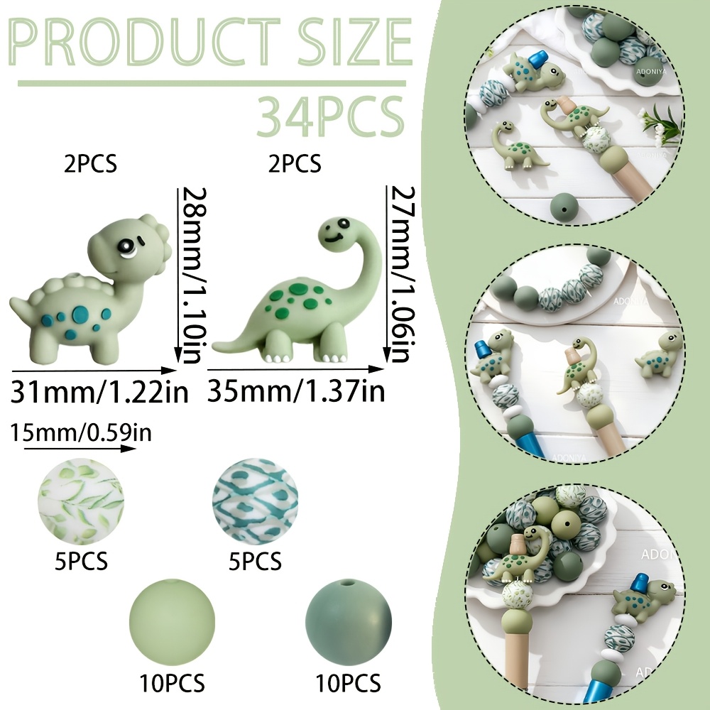 TEMU Lot de 34 perles en style forêt série dinosaure tacheté de dessin , perles focales en 15 mm à imprimé feuille de plante verte, perles rondes