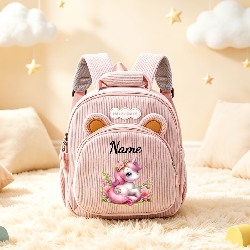 TEMU Personalisierbarer Rucksack mit Einhorn-Thema, Bärenohren einem druckbaren Muster. Wählen Sie aus 3 verträumten floralen Einhorn-Designs, wählen