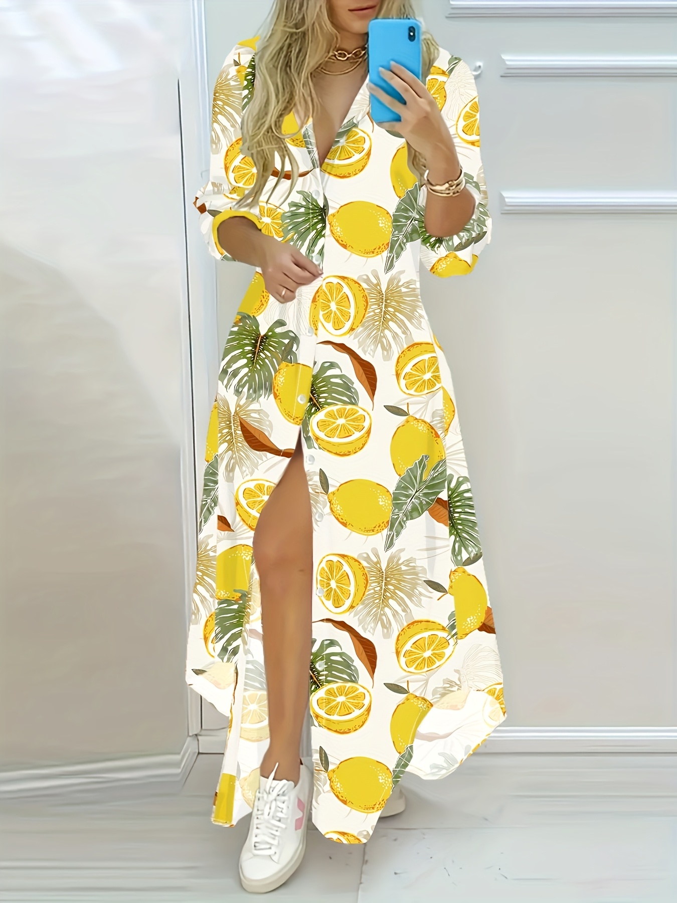 Women'S Plus Size Elegant Lemon Print Long Sleeve Maxi Dress - Button-Up,  Non-Stretch Fabric * Style with Lapel Collar * Casual * Casual Wear|Lemon  ...
