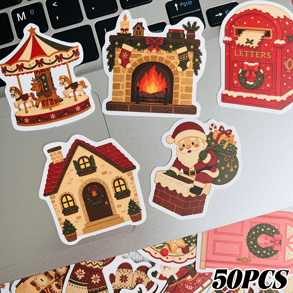 TEMU 50pcs Hand-drawn Christmas Doodle Stickers For Suitcases, Laptops, Scrapbooks, Diaries, Christmas Decorations, Skateboards, Guitars, Helmets,