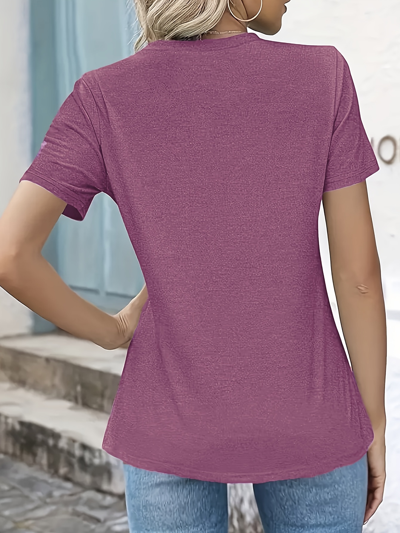 Women'S Casual Summer T-Shirt - Solid Color, Round Neck, Short Sleeve, Comfortable Loose Fit, Dark Blue, Polyester Blend, Machine Washable, Casual Summer Wear | Round Neck Tshirt | Texture