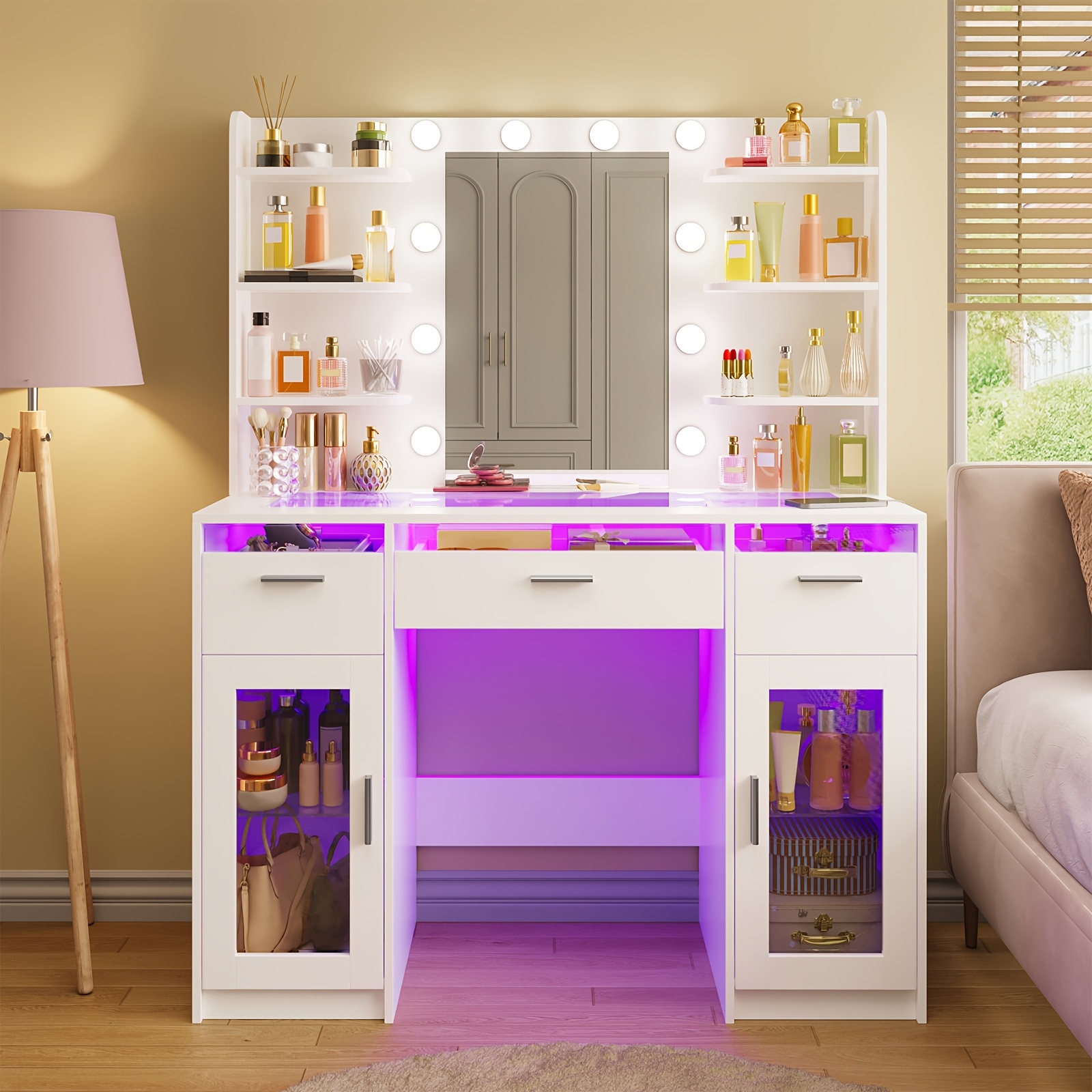 TOMNK Large Dressing Table with LED Mirror, Makeup Vanity, 3 Drawers, 4 Shelves, Ample Storage Space, Suitable for Bedrooms And Bathrooms, in White