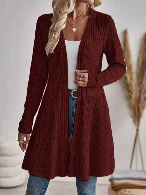 womens solid color cardigan elegant long sleeve flared hem stretch fabric for