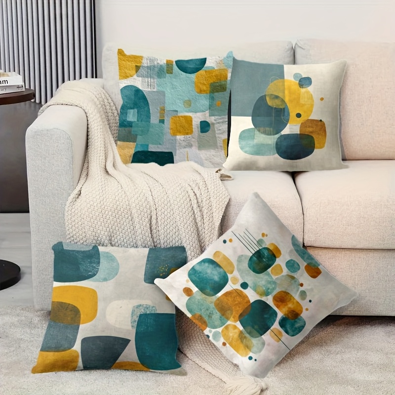 TEMU Juego de 4 fundas de cojín modernas y minimalistas con diseño geométrico de bloques de color, fundas de cojín decorativas artísticas para ,