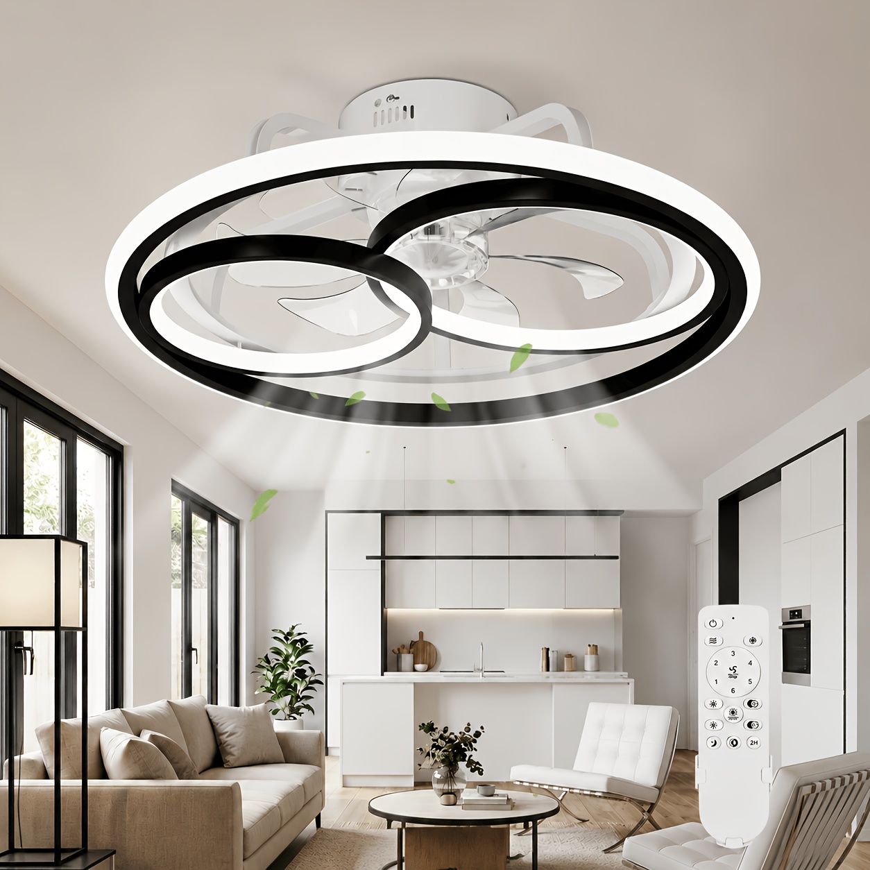 Led Ceiling Fan With Light, 50cm, Three-ring, Silent Fan With Remote Control; Dimmable And Reversible; Suitable For Bedrooms And Living Rooms