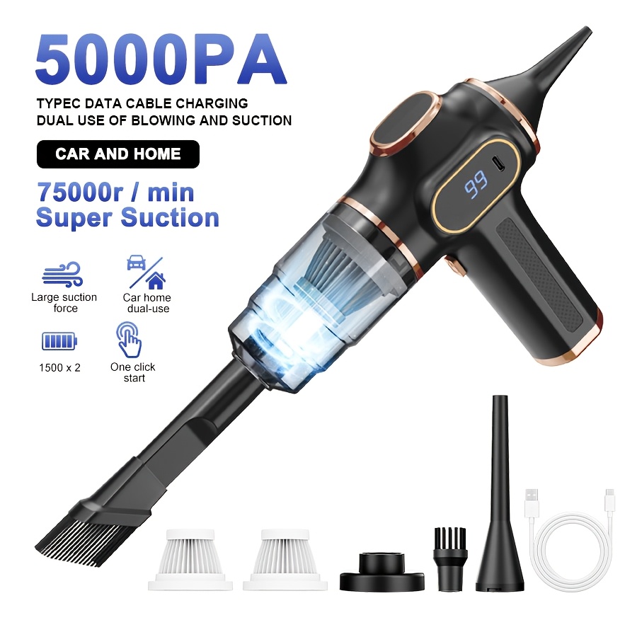 TEMU 5000pa Super Suction Handheld Vacuum Cleaner With Built-in Led Digital Display, Lightweight And Portable Design, Dual Suction And Blowing